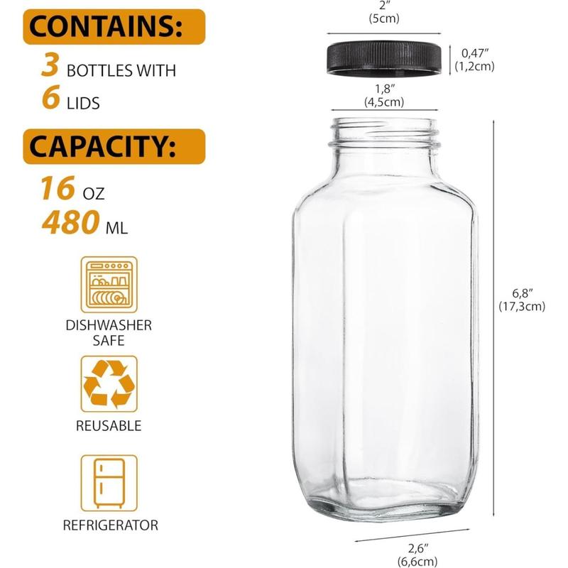 Juice Bottles with Lids, 16 Oz - Set of 3 - Clear Glass Jars with Caps - Reusable Empty Drink Containers for Juicing, Smoothies,  Milk, Kombucha Storage, Wellness Shots and More (3)(Creative Life Pavilion) Organiser Canister Tin christmas 2024 ornament