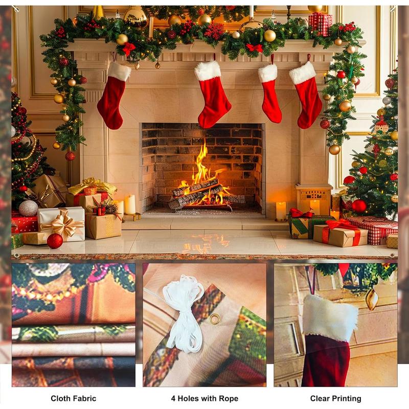 Christmas Backdrop 7x5 ft, Christmas Backdrops for Photography, Polyester Fabric Fireplace Backdrop Banner for Family Holiday Party Supplies Photo Studio Props Pictures