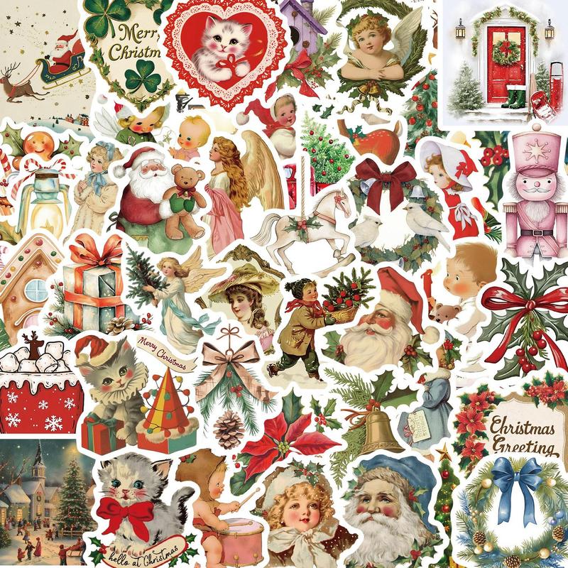 Vintage Christmas Themed Sticker, 50Pcs set Waterproof Self Adhesive Decor Paper, Decor Sticker for Gift Greeting Card Water Bottle Laptop Phone