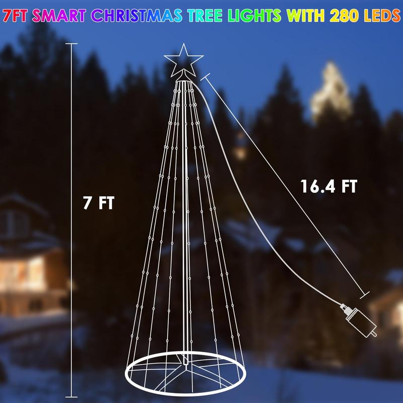 6FT 7FT 8FT Christmas Tree,280 LED Cone Christmas Tree RGB Lighted Outdoor Christmas Tree with Remote, App Controlled holiday decoration Ornaments christmas  lights Magical Set