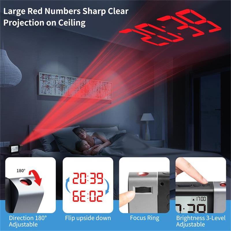 Black digital projection alarm clock for kitchen or bedroom, with ceiling wall display. Perfect for kids, seniors, adults. Comes with US power adapter