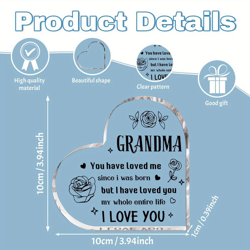 Heart Shaped Acrylic Plaque, 1 Count Warm Letter Design Desktop Ornament, Best Present for Nana Granny Grandmother