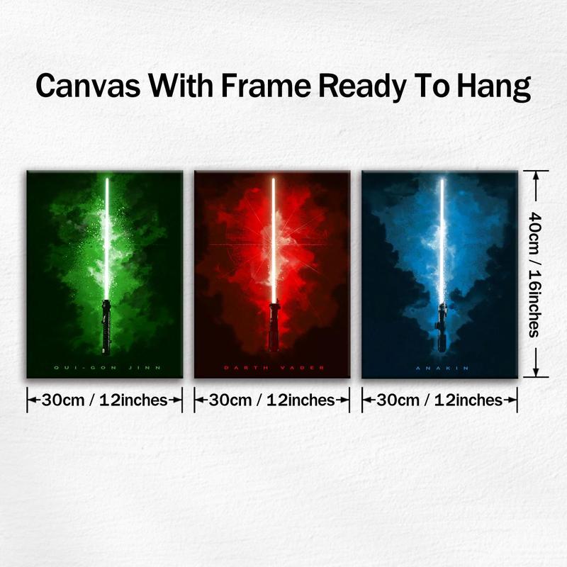 Wooden Framed Canvas Painting, 3 Counts set Lightsaber Pattern Wall Art, Modern Wall Decor for Home Living Room Bedroom Office