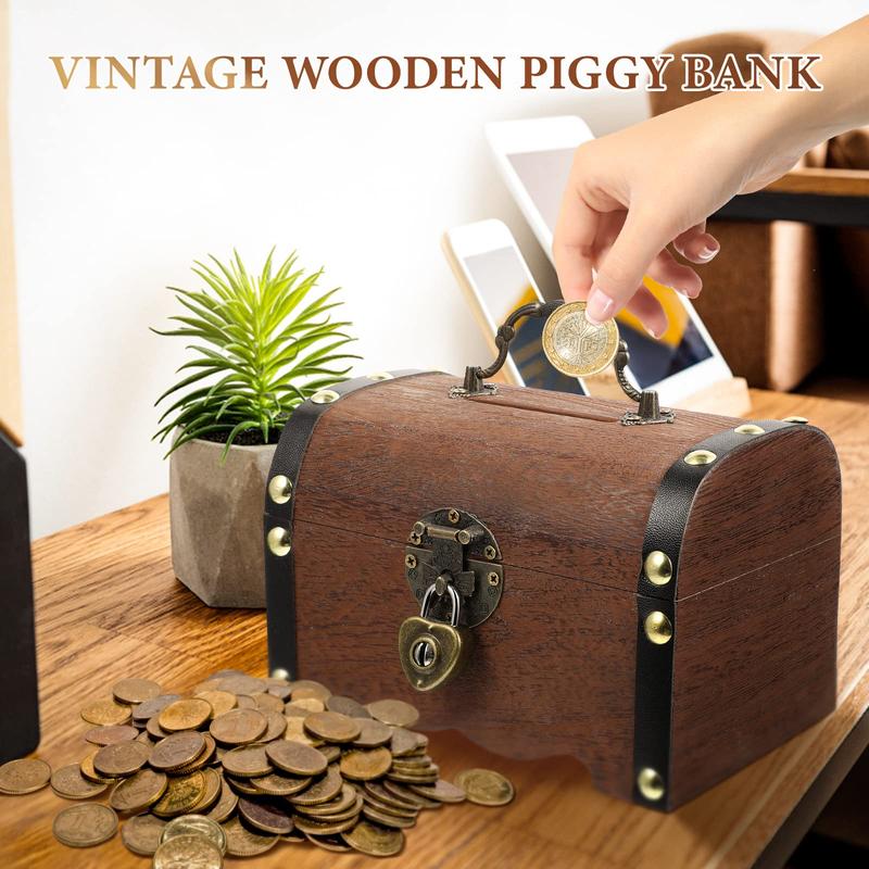 Vintage wooden piggy bank, a rustic small box for coins & money, also a decorative storage for wedding & home.