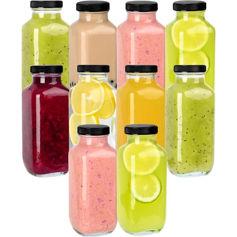 6 Pack Glass Juice Bottles with Lids,16 Oz - Clear Glass Jars with Caps - Reusable Square Beverage Drink Containers for Juicing, Smoothies, Water, Milk, Kombucha Storage, Wellness Shots and More (6)