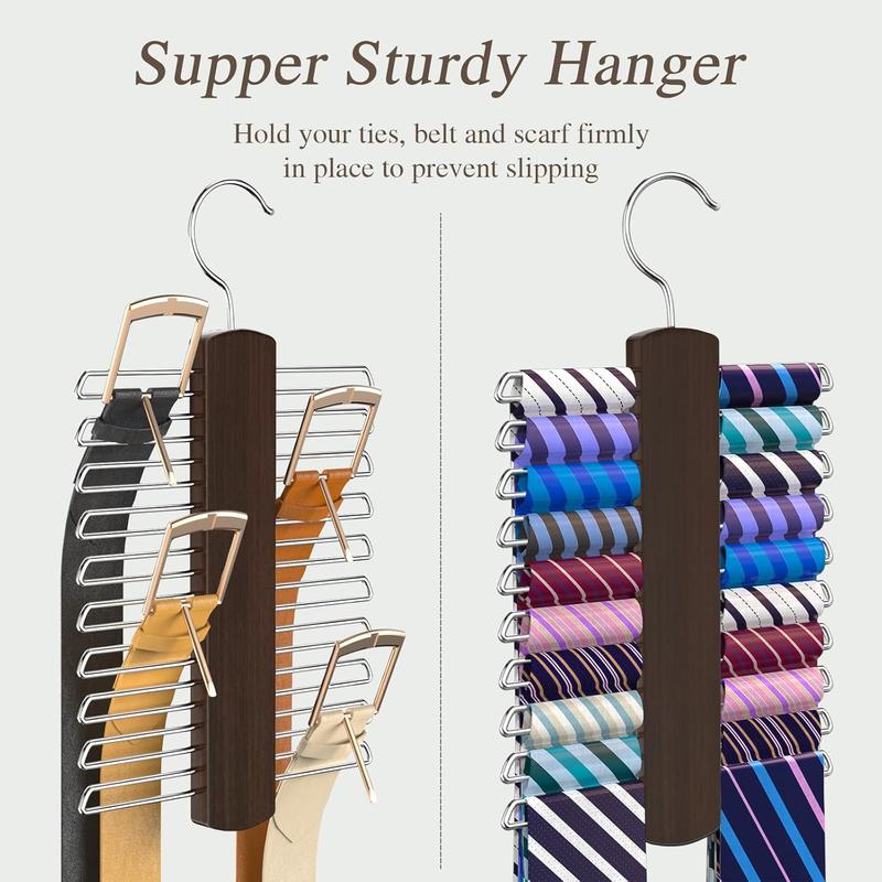 Tie Rack Hanger 2Pack, Premium Wooden Tie Organizer 40 Storage Capacity Tie Holder for Closet,360 Degree Space Saving Ties Belt Scarves Hanger for Men,Brown