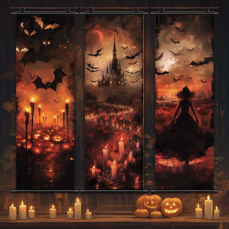 Hanging Banner, 3 Counts set Exquisite Castle Witch Pattern Decoration, Horror Poster for Party Festival Home Dormitory Office