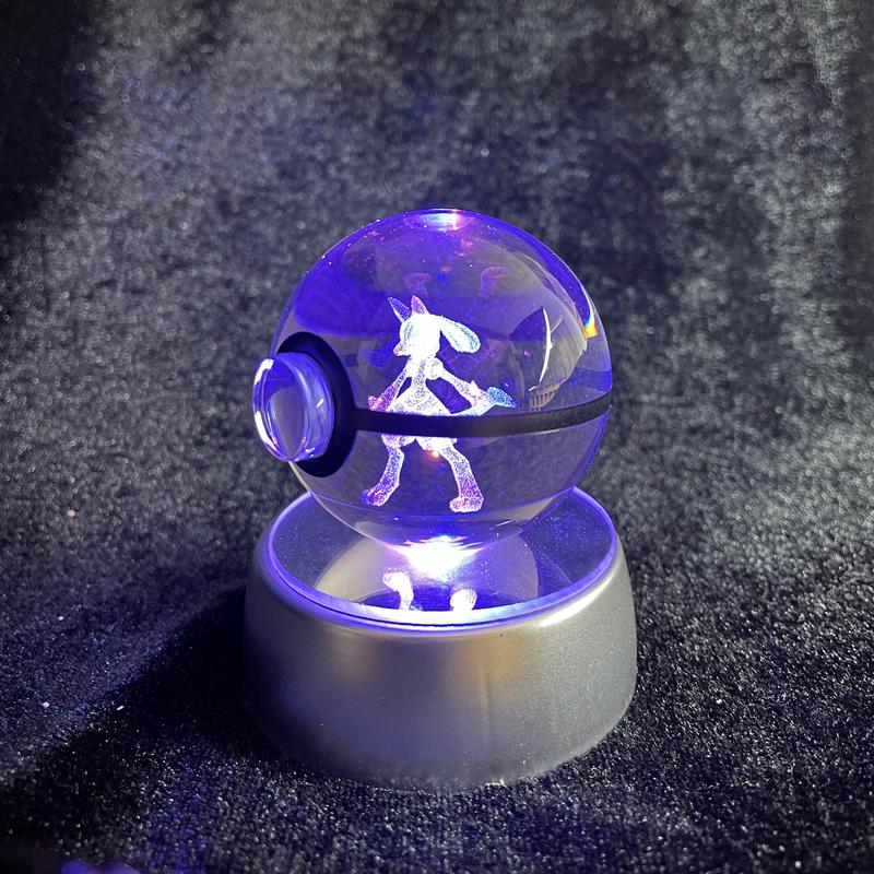 Crystal Pokeball with Base, Anime, Pokemon Poke Ball, Laser Engraved, Holographic Crystal Glass, Gift, Anniversary Gift, Home Decoration Crystal Decorations