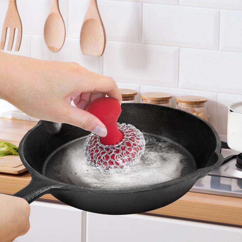 Cast Iron Chainmail Scrubber, 2 Counts set Silicone Cleaner for Pots & Skillets, Stainless Cookware Sponge Accessory