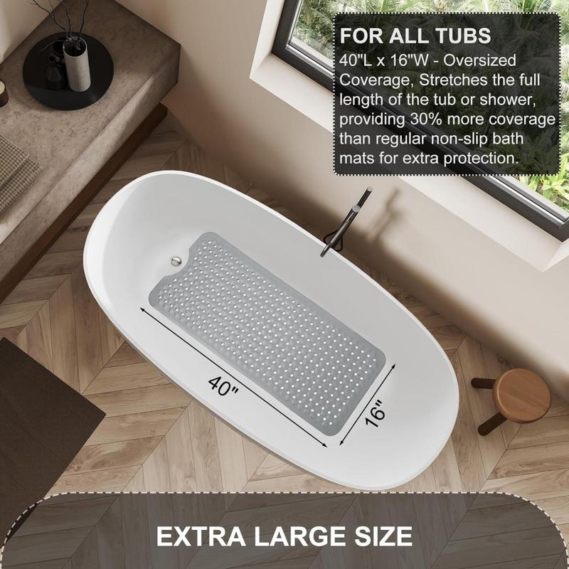 Bath Tub and Shower Mats, Non-Slip 40 x 16 Inch Extra Long Bath Mat, Machine Washable Bathtub Mat with Drain Holes, Suction Cups for Bathroom, Gray