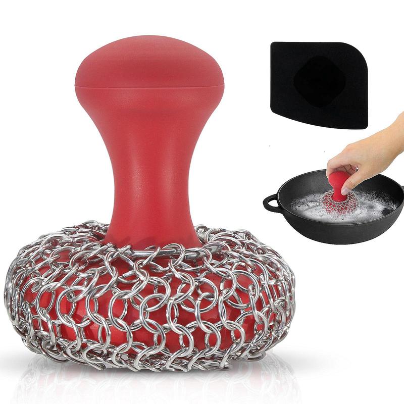 Cast Iron Chainmail Scrubber, 2 Counts set Silicone Cleaner for Pots & Skillets, Stainless Cookware Sponge Accessory