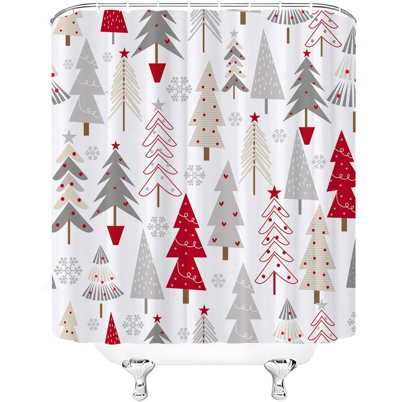 PAUSEBOLL Merry Christmas Tree Shower Curtains for Bathroom White Grey Red Xmas Tree Snowflake Pine Tree Forest Winter Holiday Bathroom Decor Happy New Year Bathroom Shower Curtain with Hooks,72x72 Inch