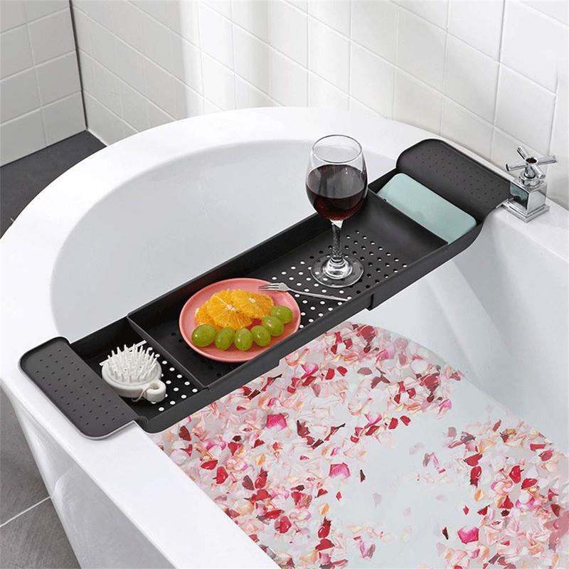 Bath tray for luxury bathtub-plastic waterproof expandable Bath table with wine & shelf & tub pool boy with extended sides, adjustable bathroom storage tray-30.7x6.9x2.3 inch