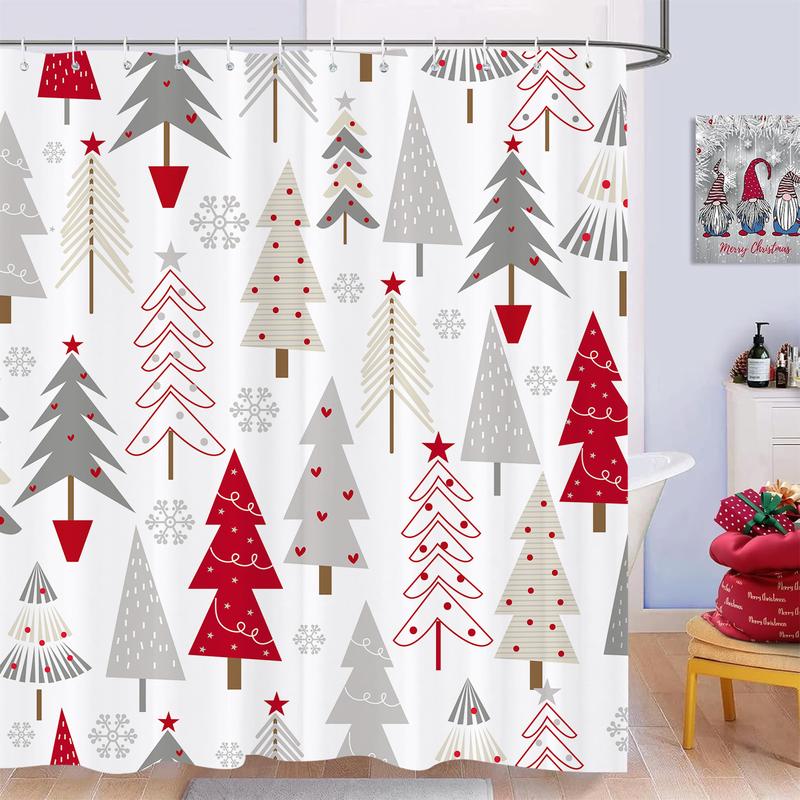 PAUSEBOLL Merry Christmas Tree Shower Curtains for Bathroom White Grey Red Xmas Tree Snowflake Pine Tree Forest Winter Holiday Bathroom Decor Happy New Year Bathroom Shower Curtain with Hooks,72x72 Inch