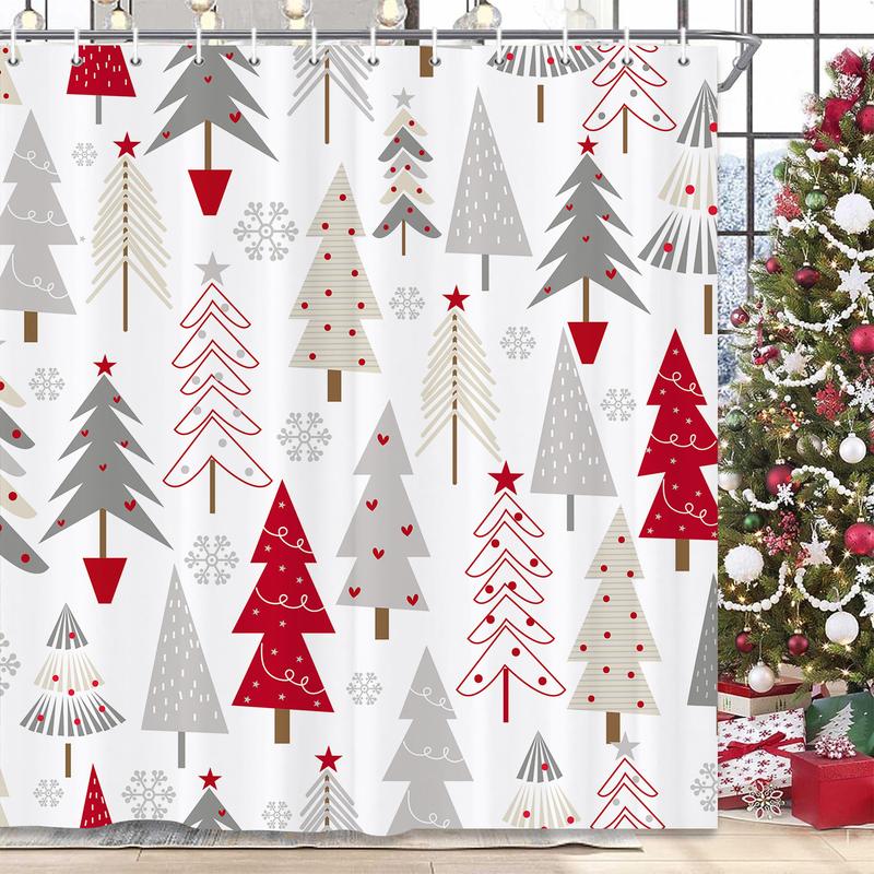 PAUSEBOLL Merry Christmas Tree Shower Curtains for Bathroom White Grey Red Xmas Tree Snowflake Pine Tree Forest Winter Holiday Bathroom Decor Happy New Year Bathroom Shower Curtain with Hooks,72x72 Inch