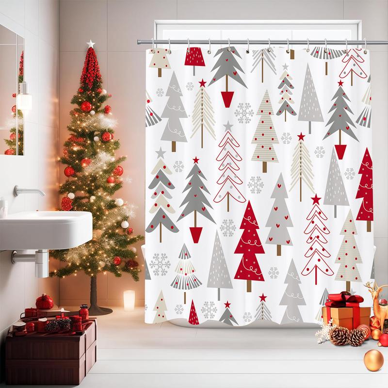 PAUSEBOLL Merry Christmas Tree Shower Curtains for Bathroom White Grey Red Xmas Tree Snowflake Pine Tree Forest Winter Holiday Bathroom Decor Happy New Year Bathroom Shower Curtain with Hooks,72x72 Inch