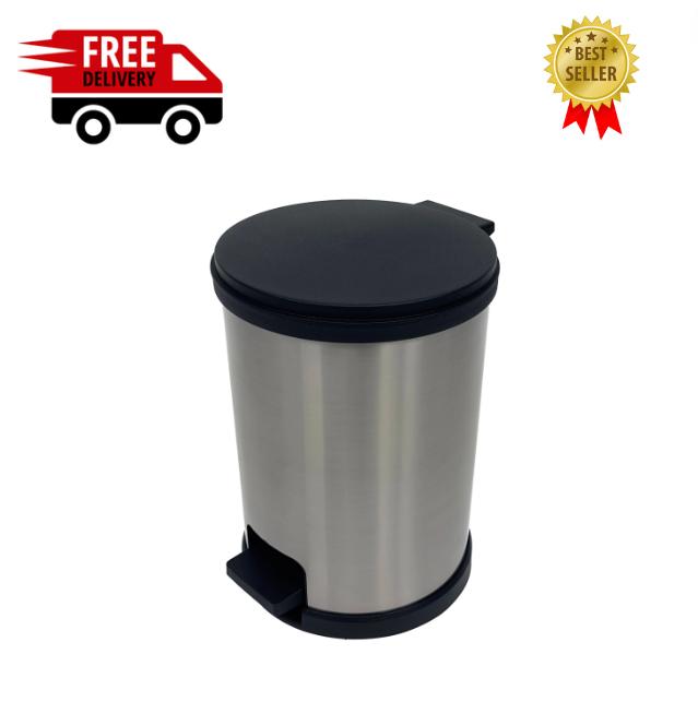 1.5 Gallon Trash Can. Plastic Round Step Bathroom Trash Can, Silver Stainless Steel