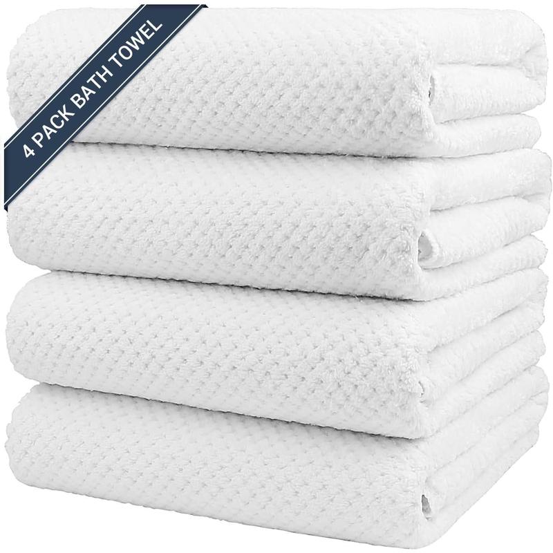 Bath Towel Set Pack of 4, (27 x 54 Inches) Microfiber Ultra Soft Highly Absorbent Bath Towel, Lightweight and Quick Drying Towels for Body, Sport, Yoga, SPA, Fitness, White