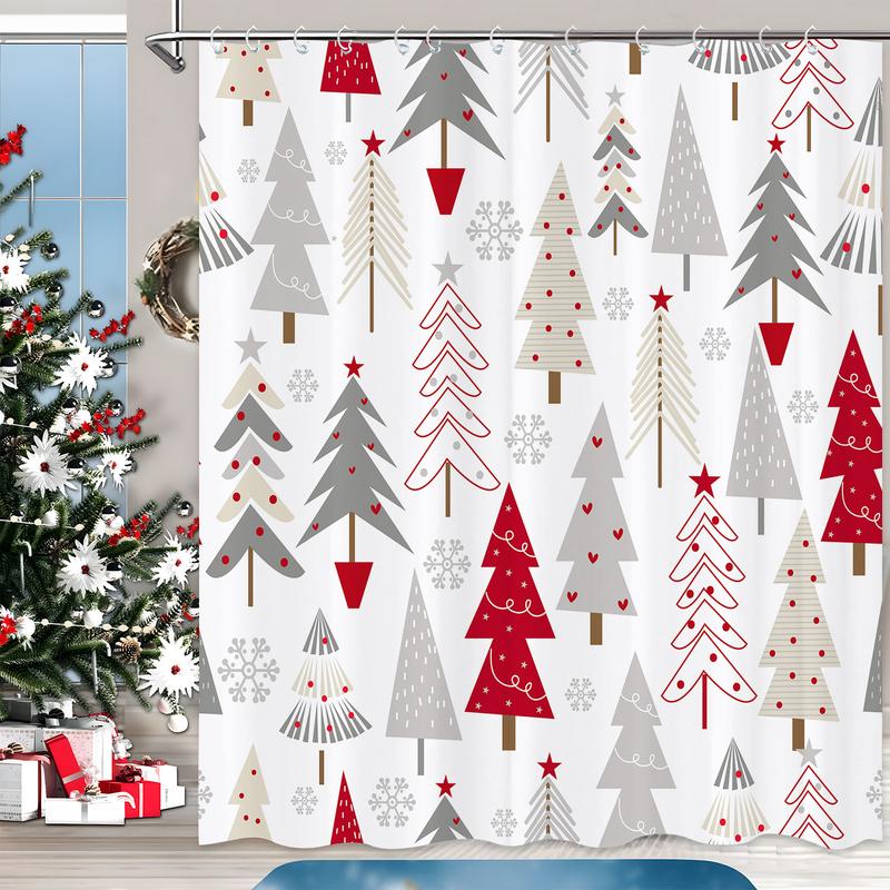 PAUSEBOLL Merry Christmas Tree Shower Curtains for Bathroom White Grey Red Xmas Tree Snowflake Pine Tree Forest Winter Holiday Bathroom Decor Happy New Year Bathroom Shower Curtain with Hooks,72x72 Inch