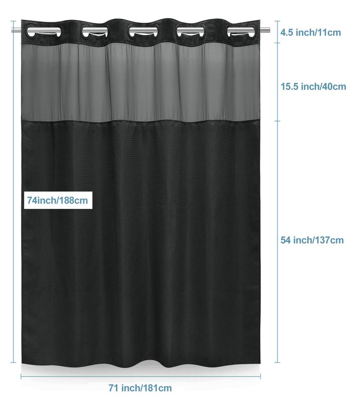 EUTXL 256GSM Waffle Weave Textured Heavy Duty NO HOOKS Black Shower Curtain and Liner set - Hotel Luxury Weighted Bath Curtain,71W x 74H,71W x 86H