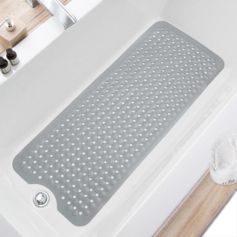 Bath Tub and Shower Mats, Non-Slip 40 x 16 Inch Extra Long Bath Mat, Machine Washable Bathtub Mat with Drain Holes, Suction Cups for Bathroom, Gray