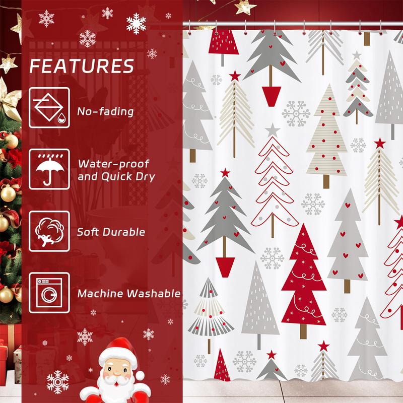 PAUSEBOLL Merry Christmas Tree Shower Curtains for Bathroom White Grey Red Xmas Tree Snowflake Pine Tree Forest Winter Holiday Bathroom Decor Happy New Year Bathroom Shower Curtain with Hooks,72x72 Inch