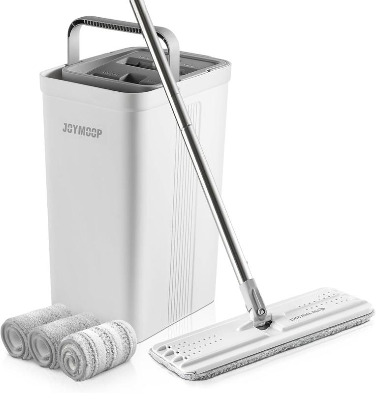 JOYMOOP Mop and Bucket with Wringer Set for Home, Flat Mop and Bucket System, Mops for Floor Cleaning and Wall Cleaner, with 3 Reusable Microfiber Mop Pads Stainless Steel Adjustable Household