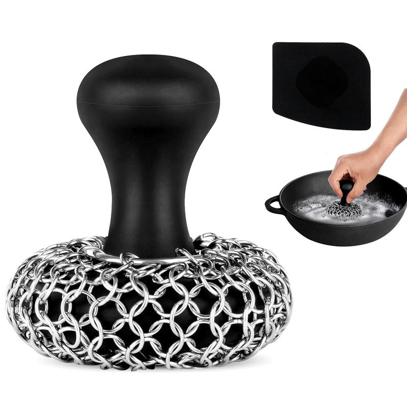 Cast Iron Chainmail Scrubber, 2 Counts set Silicone Cleaner for Pots & Skillets, Stainless Cookware Sponge Accessory