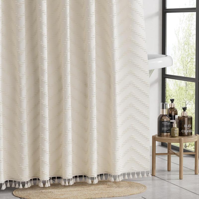 AmazerBath Farmhouse Shower Curtain, Beige Cloth Shower Curtain Boho, Rustic Woven Fabric Shower Curtain Chevron Striped Minimalist Tassel Shower Curtains for Bathroom, 72