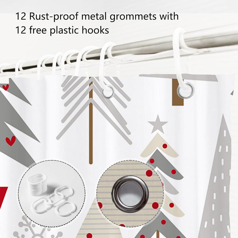 PAUSEBOLL Merry Christmas Tree Shower Curtains for Bathroom White Grey Red Xmas Tree Snowflake Pine Tree Forest Winter Holiday Bathroom Decor Happy New Year Bathroom Shower Curtain with Hooks,72x72 Inch