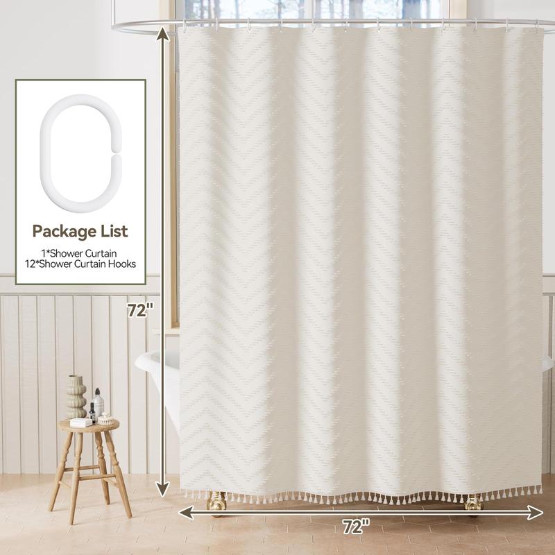 AmazerBath Farmhouse Shower Curtain, Beige Cloth Shower Curtain Boho, Rustic Woven Fabric Shower Curtain Chevron Striped Minimalist Tassel Shower Curtains for Bathroom, 72