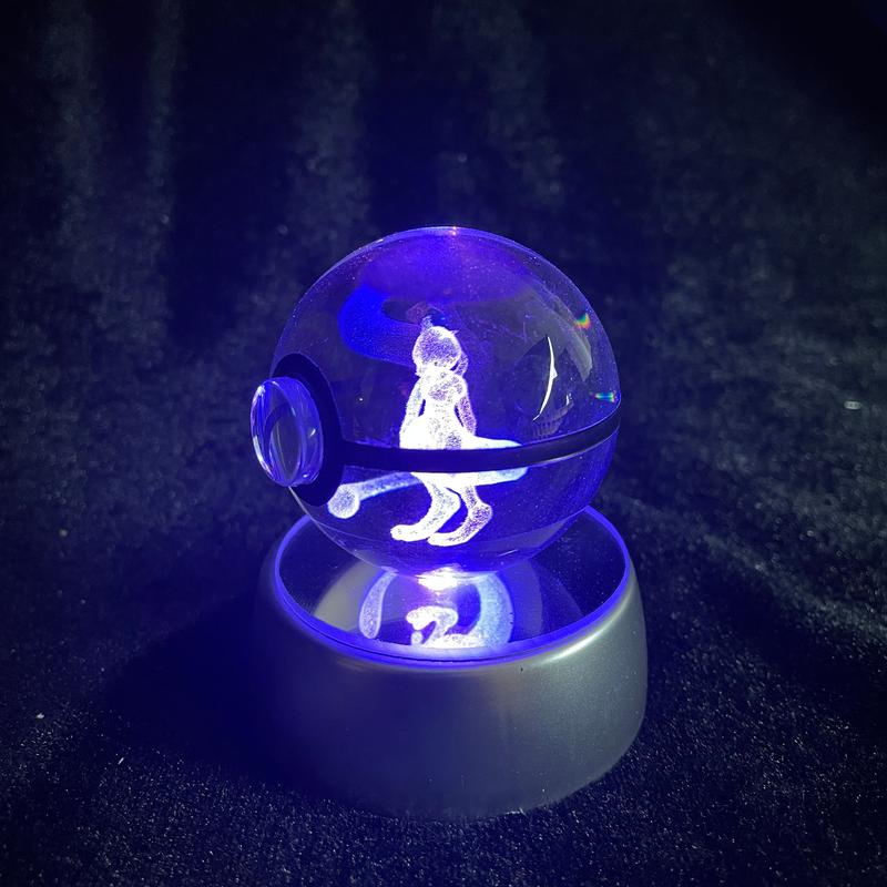 Crystal Pokeball with Base, Anime, Pokemon Poke Ball, Laser Engraved, Holographic Crystal Glass, Gift, Anniversary Gift, Home Decoration Crystal Decorations