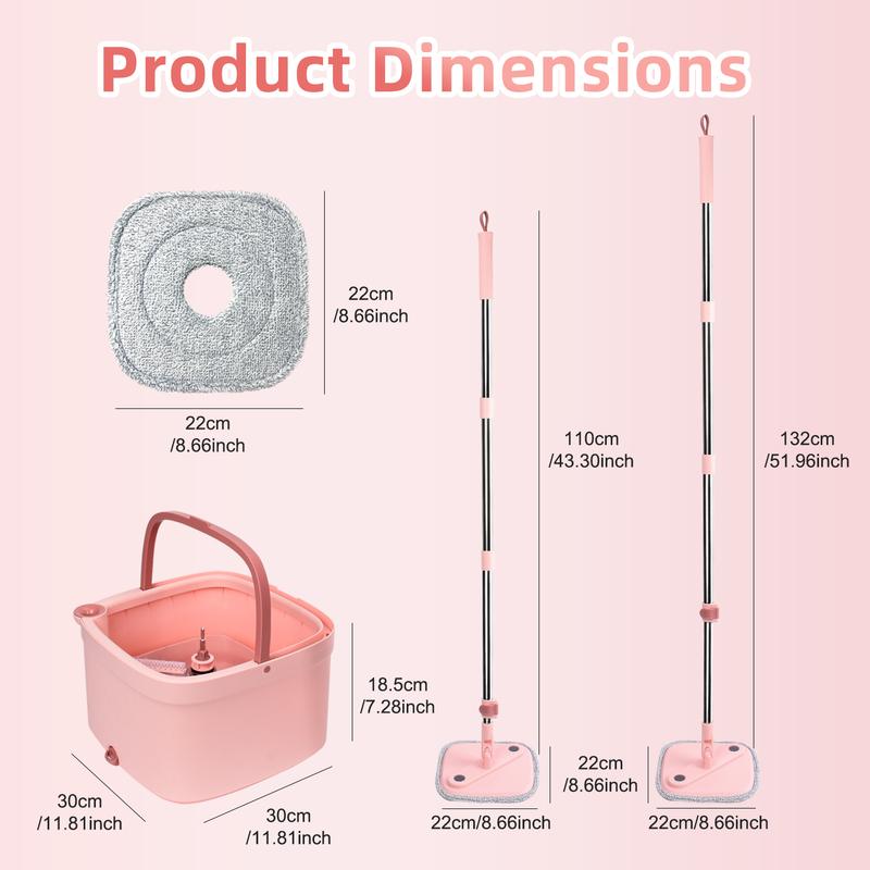 Pink Spin Mop and Bucket with Telescopic Handle and 2 Microfibre Pads - Steel, Stainless