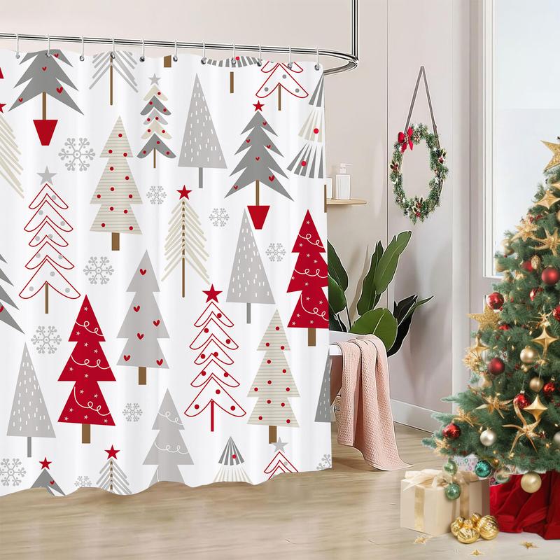 PAUSEBOLL Merry Christmas Tree Shower Curtains for Bathroom White Grey Red Xmas Tree Snowflake Pine Tree Forest Winter Holiday Bathroom Decor Happy New Year Bathroom Shower Curtain with Hooks,72x72 Inch