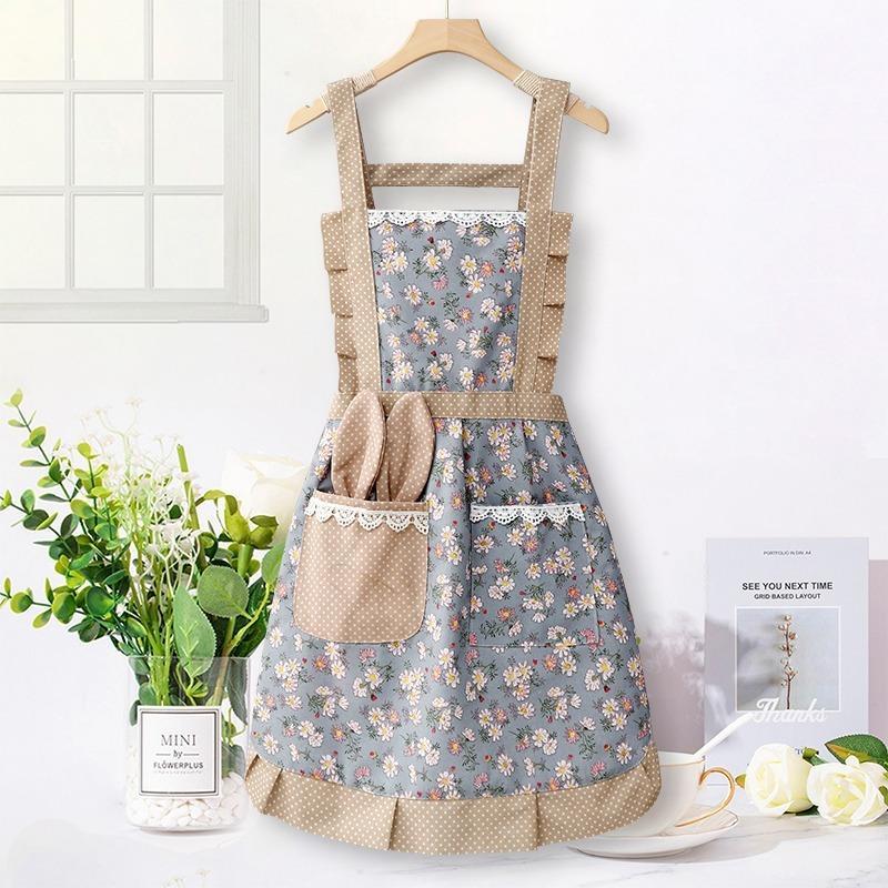 Flower Pattern Apron with Pocket, Waterproof Antifouling Apron for Women, Home Kitchen Cooking Apron, Cooking Supplies, Breathable Wear-resistant and Fashionable Apron, Summer for Gift, Halloween Gifts