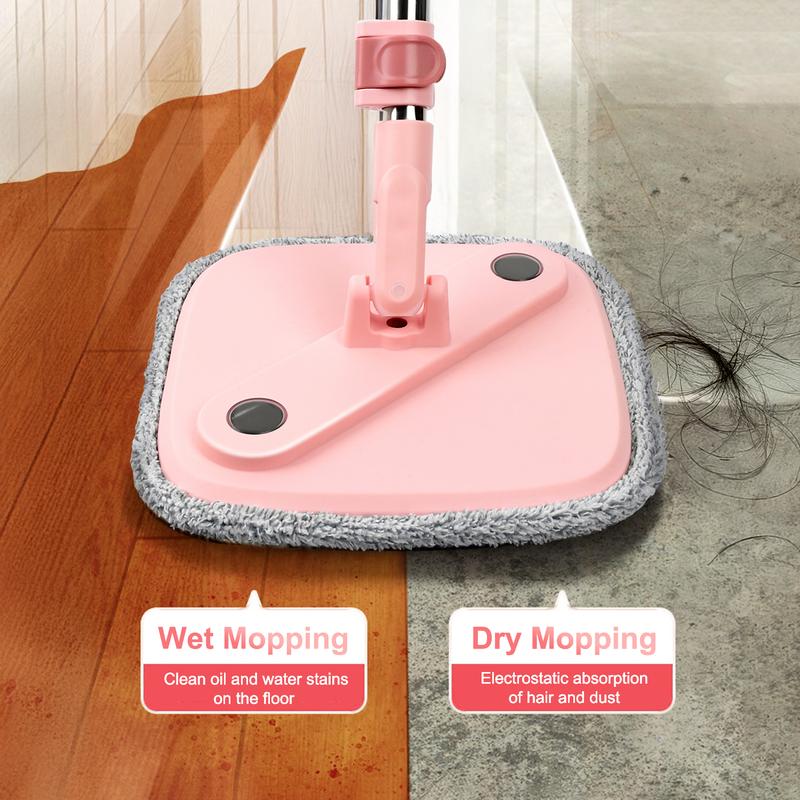 Pink Spin Mop and Bucket with Telescopic Handle and 2 Microfibre Pads - Steel, Stainless