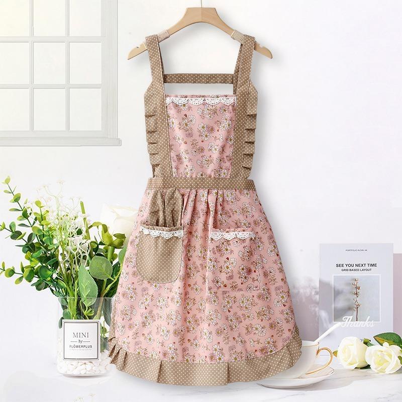 Flower Pattern Apron with Pocket, Waterproof Antifouling Apron for Women, Home Kitchen Cooking Apron, Cooking Supplies, Breathable Wear-resistant and Fashionable Apron, Summer for Gift, Halloween Gifts