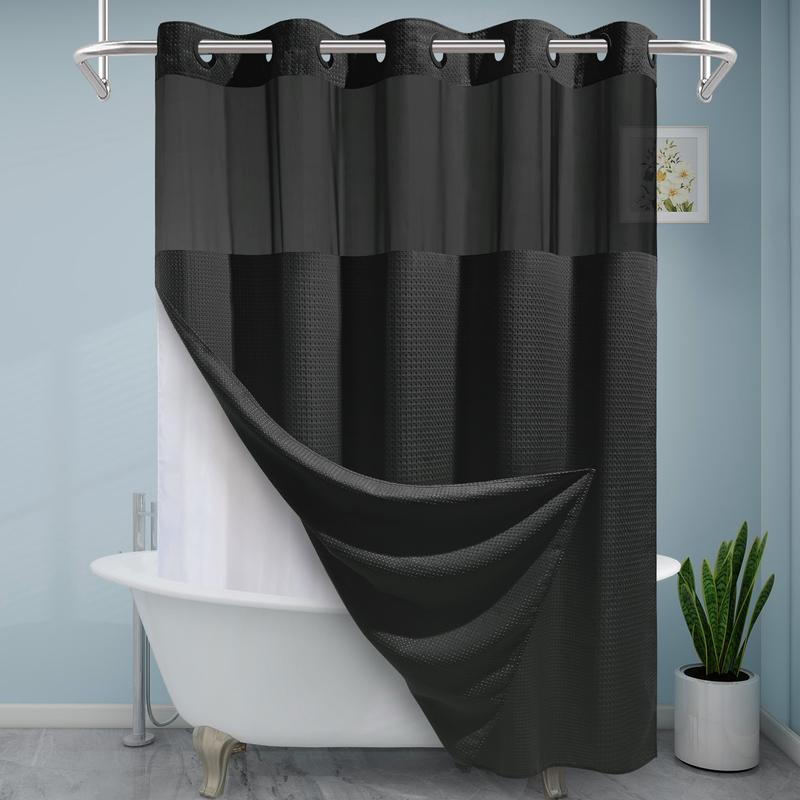 EUTXL 256GSM Waffle Weave Textured Heavy Duty NO HOOKS Black Shower Curtain and Liner set - Hotel Luxury Weighted Bath Curtain,71W x 74H,71W x 86H