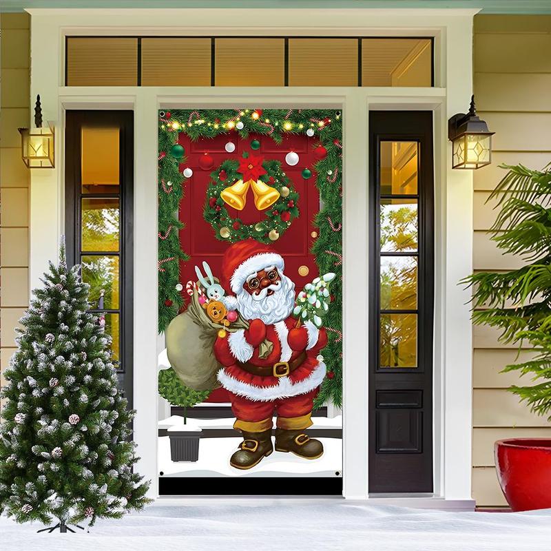 Christmas Themed Door Banner, 1 Count Santa Claus & Bell & Garland Pattern Door Hanging Banner, Festive Backdrop for Home Living Room Bedroom Decor