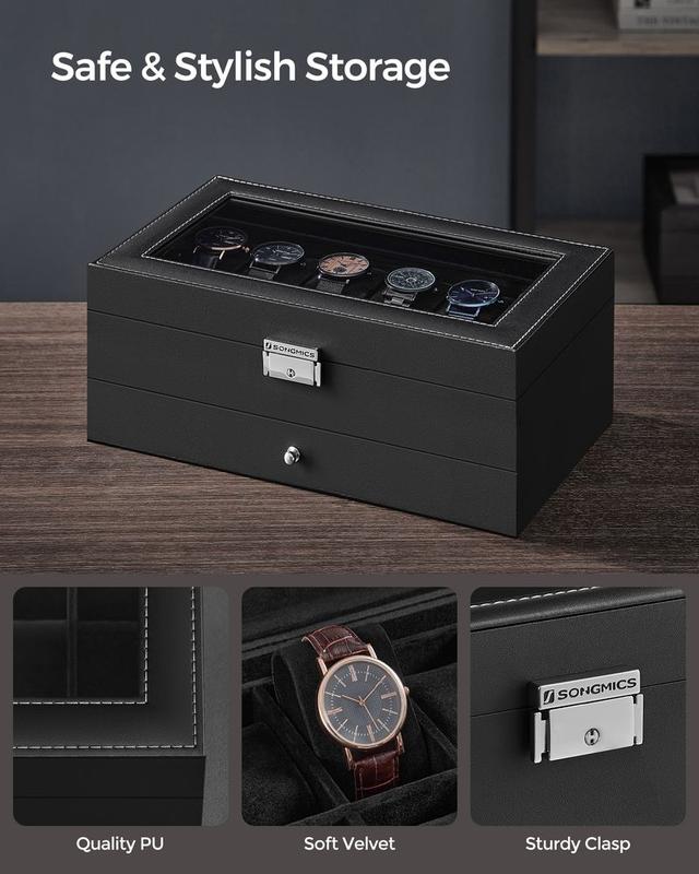 SONGMICS HOME 2 Layers Watch Box, Lockable Watch Case with Glass Lid and Drawer for Rings, Bracelets, Gift Idea Organiser