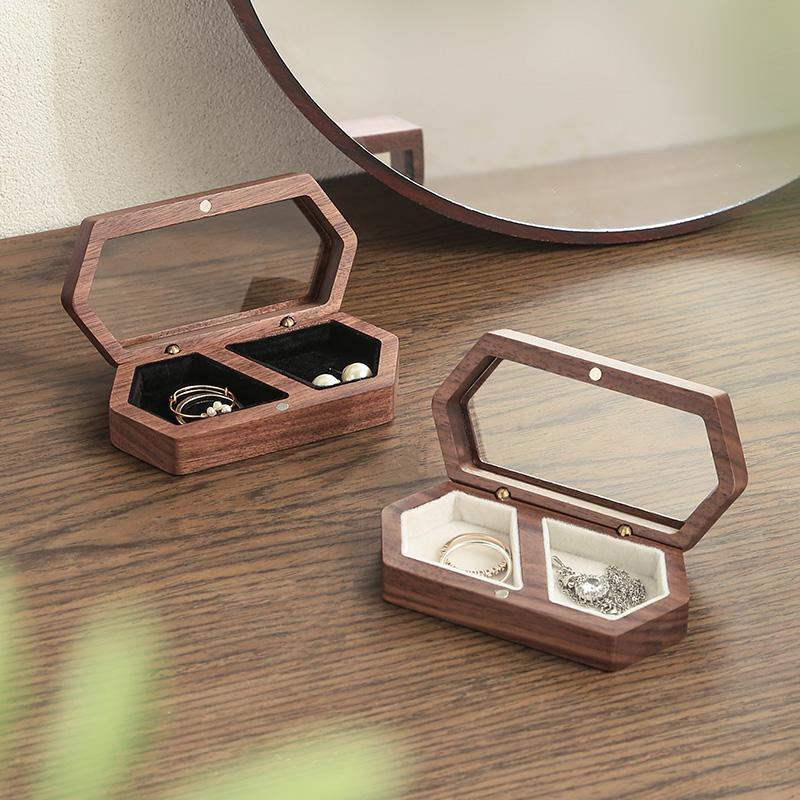 Random Wooden Grain Ring Storage Box, 1 Count Wedding Ceremony Ring Box with Clear Lid, Jewelry Display Container for Proposal Gifts