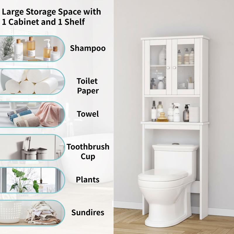 Walsunny Over Toilet Storage Cabinet, Bathroom Shelf Organizer Over Toilet, Washing Machine Box, Space Saver with Adjustable Decorative Racks, White