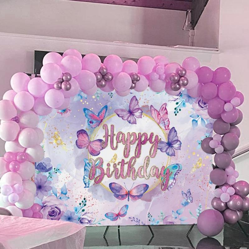 Butterfly & Flower Pattern Backdrop, Happy Birthday Background, Photo Booth Props, Birthday Party Decoration Supplies for Home & Outdoor