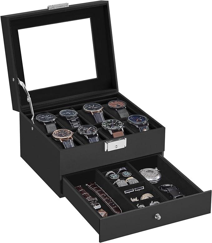 SONGMICS HOME 2 Layers Watch Box, Lockable Watch Case with Glass Lid and Drawer for Rings, Bracelets, Gift Idea Organiser