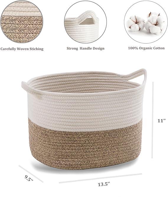 Square Cotton Rope Samll Baskets With Handles for Nursery, Toys, Household, Nursery, Handcrafted Woven Gift Baskets for Storage and Organization,13.5x11x9.5inch