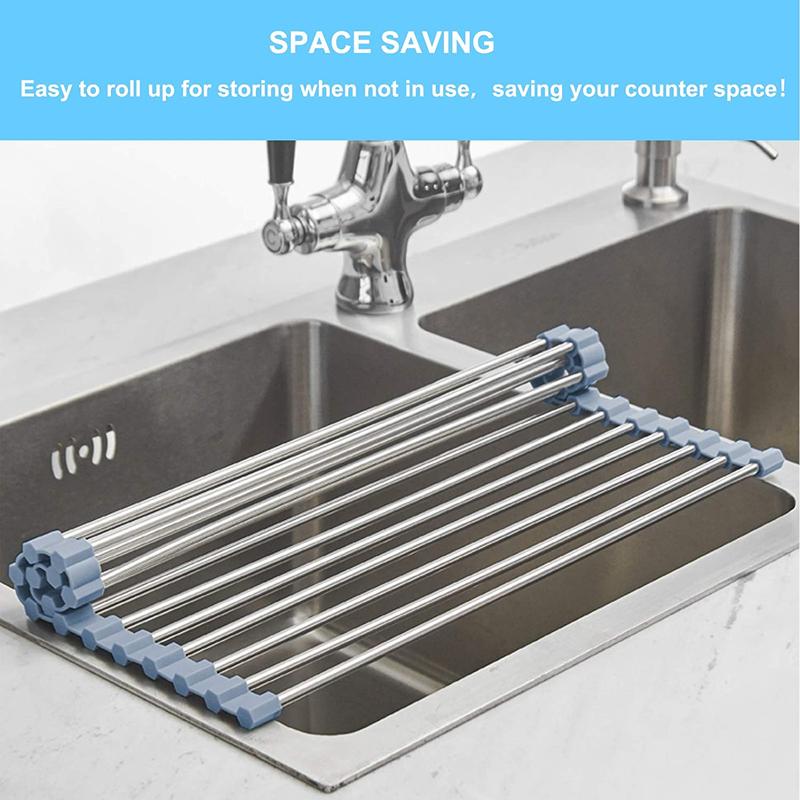 Roll Up Dish Drying Rack, 1 Count Foldable Sink Rack Mat, Stainless Steel Wire Dish Drying Rack for Kitchen Sink Counter Storage