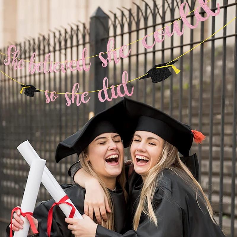 She Believed She Could So She Did Banner Decorations - Glitter She Did It 2024 Garland Graduation Bunting Banner, Congrats Grad Photo Backdrop for Girls College Graduation Party Favors