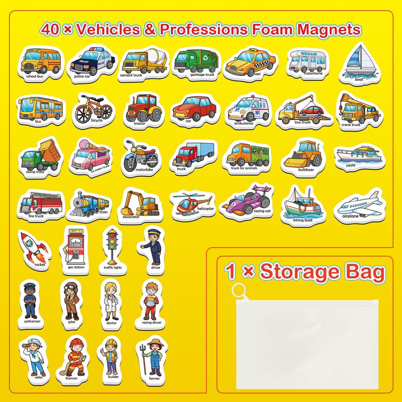 40 Vehicle Magnets, Refrigerator Fridge Magnets, Transport and Profession Magnets, Magnetic Toys, Learning Games