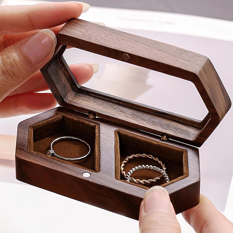 Random Wooden Grain Ring Storage Box, 1 Count Wedding Ceremony Ring Box with Clear Lid, Jewelry Display Container for Proposal Gifts