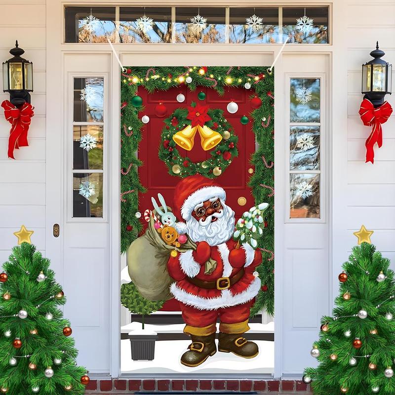 Christmas Themed Door Banner, 1 Count Santa Claus & Bell & Garland Pattern Door Hanging Banner, Festive Backdrop for Home Living Room Bedroom Decor